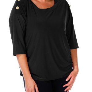 Women's Plus Solid Button Shoulder Top