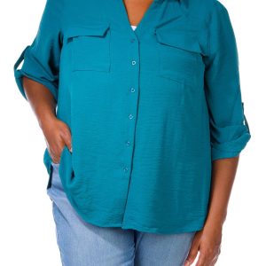 Women's Plus Solid Button Down Top