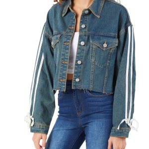 Juniors Stripe Bow Denim Jacket